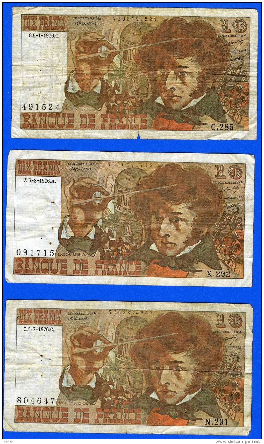 11 BILLETS DE DIX FRANCS . 10 F .  BERLIOZ. C.5-1-1976.C. A.2.-1-1976.A. B.4-3-1976.B. A.1-7-1976.A.  ETAT   VOIR SCAN - 10 F 1972-1978 ''Berlioz''