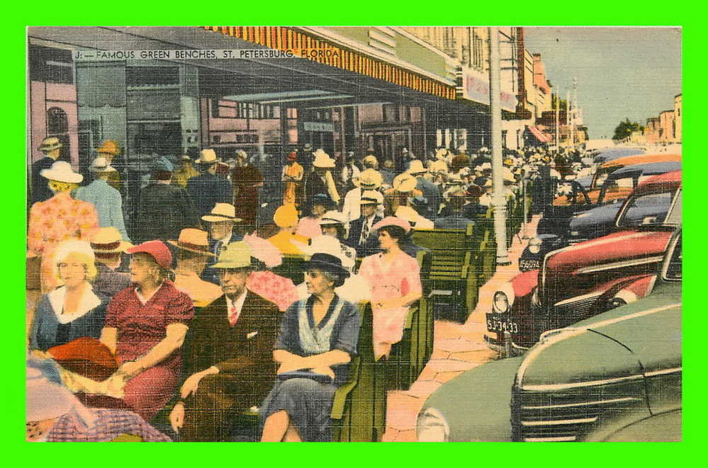 ST. PETERSBURG, FL. - FAMOUS GREEN BENCHES - ANIMATED CARS  & PEOPLES - THE HARTMAN CARD CO - - St Petersburg