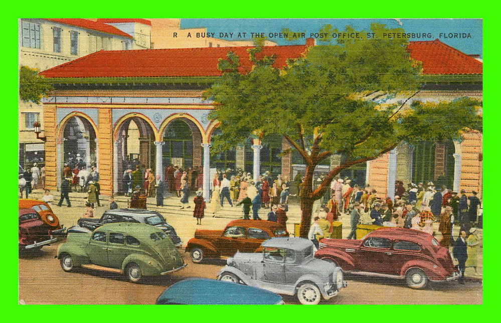 ST. PETERSBURG, FL - A BUSY DAY AT THE OPEN AIR POST OFFICE - ANIMATED CARS  & PEOPLES - THE HARTMAN CARD CO - - St Petersburg