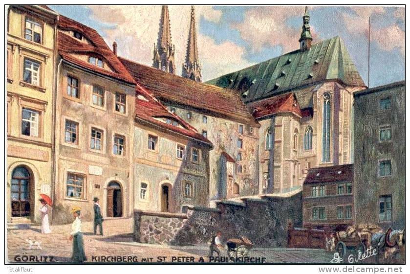 Görlitz Color Oilette Künstlerkarte St Peter & Paul Kirche Mit Beschreibung Belebt TOP-Erhaltung Ungelaufen - Goerlitz