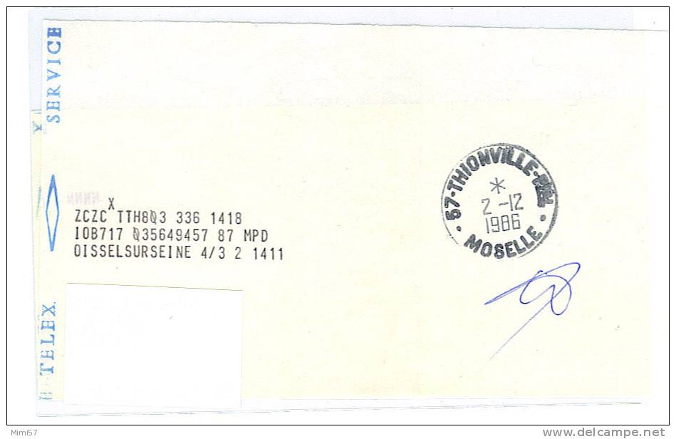 Enveloppe TELEGRAMME Avec Le Télégramme De 1986 De Thionville - Telegraaf-en Telefoonzegels