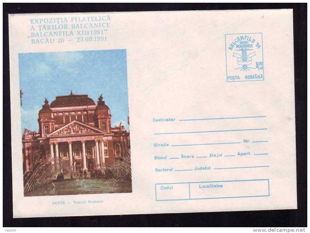 National Théâtre,Sofia  1991 Entier Postal ,postal Stationery Cover Romania. - Théâtre