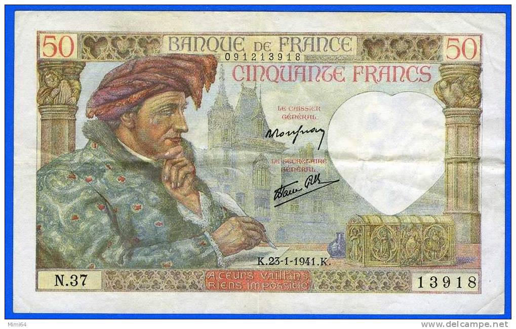 BILLET  DE CINQUANTE FRANCS. 50 F. ( JACQUES COEUR ).DU.  K . 23-1 - 1941 . K .   / ETAT .T  T  B . VOIR SCAN - 50 F 1940-1942 ''Jacques Coeur''