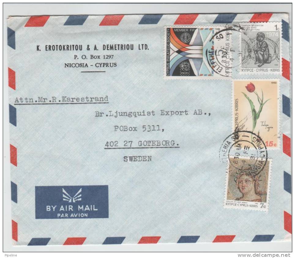 Cyprus Air Mail Cover Sent To Sweden 4-2-1991 - Briefe U. Dokumente