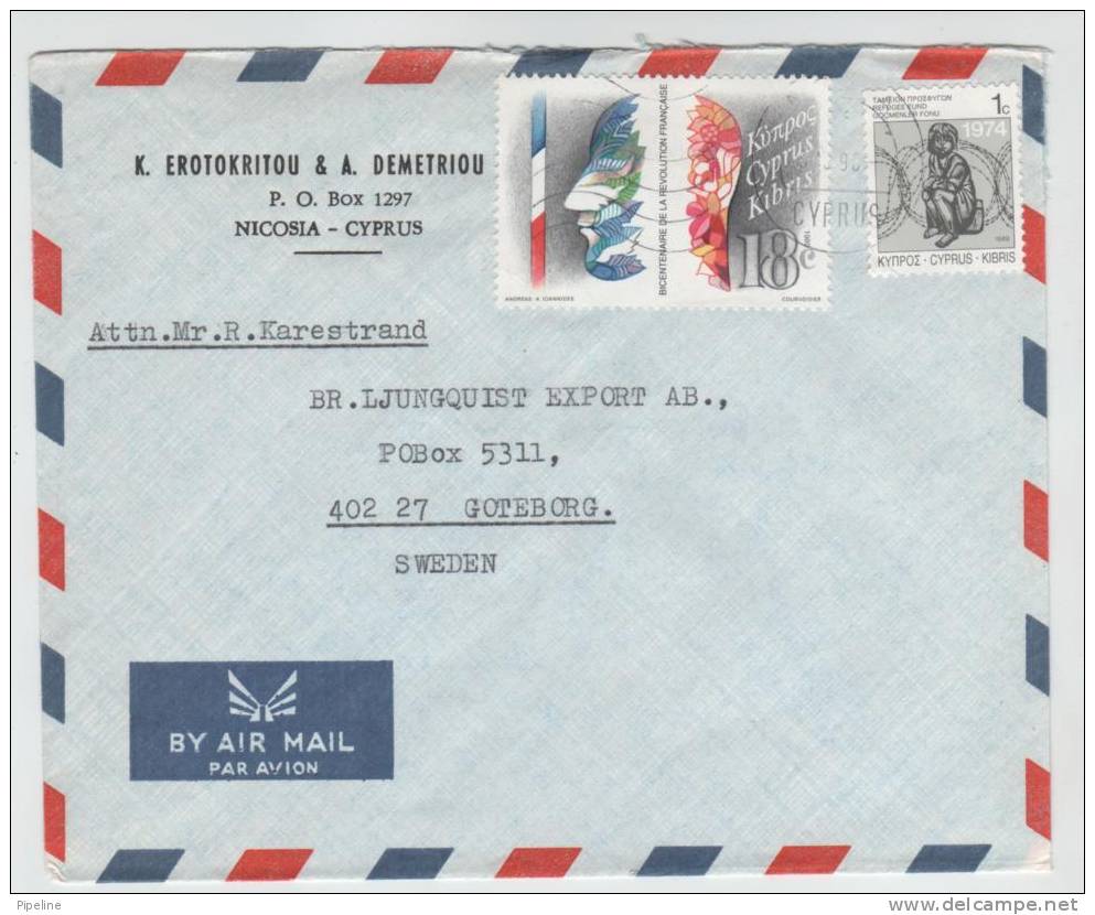 Cyprus Air Mail Cover Sent To Sweden 1990 - Brieven En Documenten