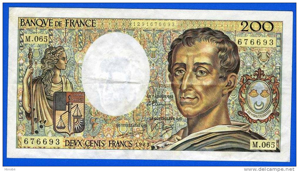 BILLET  DE DEUX CENTS  FRANCS. 200 F. ( MONTESQUIEU ).  1989  / M . 065 .   / ETAT .T  T  B . VOIR SCAN - 200 F 1981-1994 ''Montesquieu''
