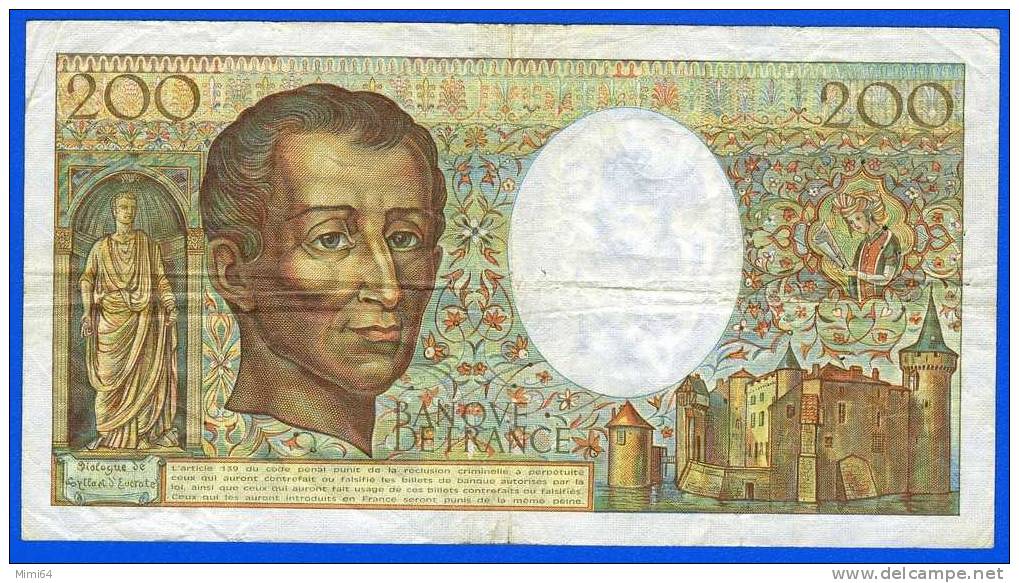 BILLET  DE DEUX CENTS  FRANCS. 200 F. ( MONTESQUIEU ).  1988  /  M . 058 .    / ETAT .T  T  B . VOIR SCAN - 200 F 1981-1994 ''Montesquieu''