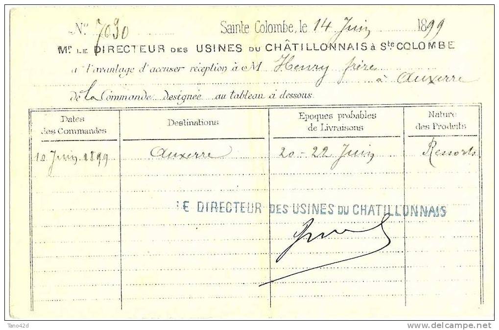 REF LTR6 - EP CP TYPE SAGE 10c REPIQUAGE USINES DU CHATILLONNAIS A STE COLOMBE VOYAGEE14/6/1899 - Postales  Transplantadas (antes 1995)