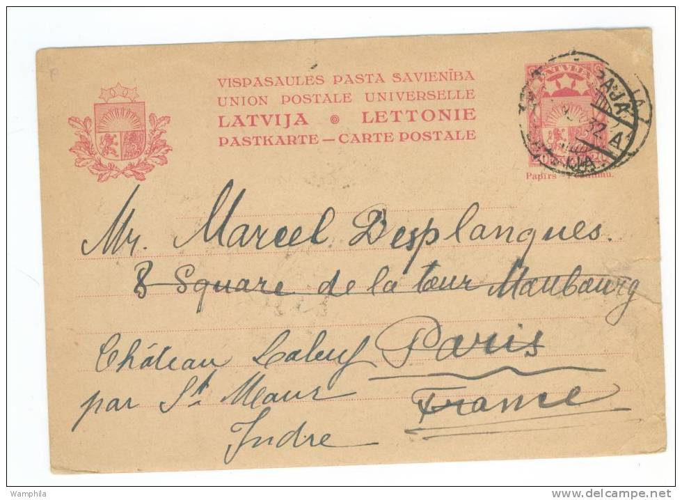 Un Entier Postal De Lettonie Pour La France De 1932 - Lettland