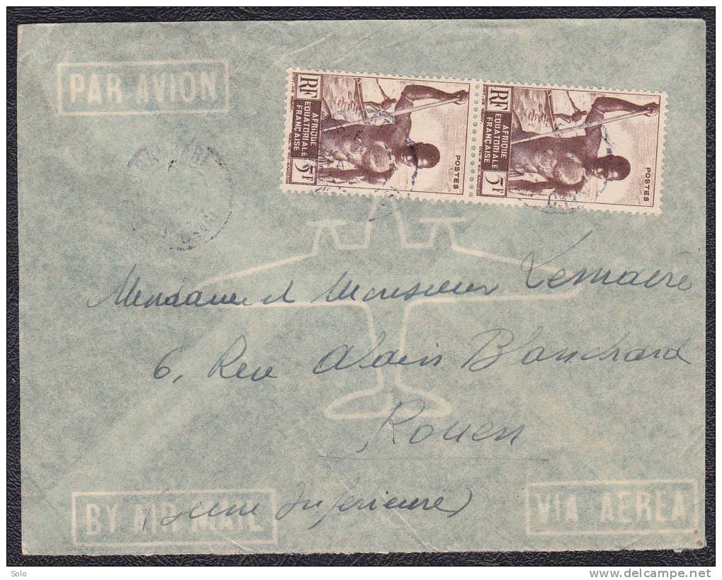 Sur Enveloppe PAR AVION CAD BAMBARI - OUBANGUUI-CHARI. Affranchissement Paire 5f00 A.E.F. - Storia Postale