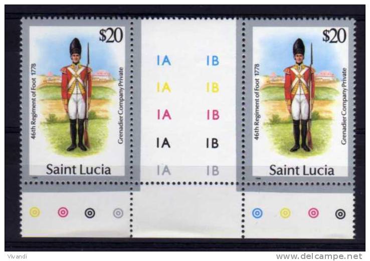 St Lucia - 1986 - $20 Dollar Military Uniforms Gutter Margin Pair (No Watermark) - MNH - St.Lucie (1979-...)