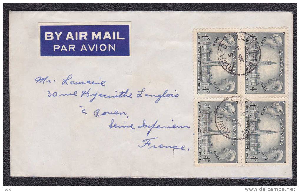 Sur Enveloppe PAR AVION CAD TORONTO Air Mail Section Du 4 Janvier 1949. Sur Bloc De 4 X 4cents - Covers & Documents