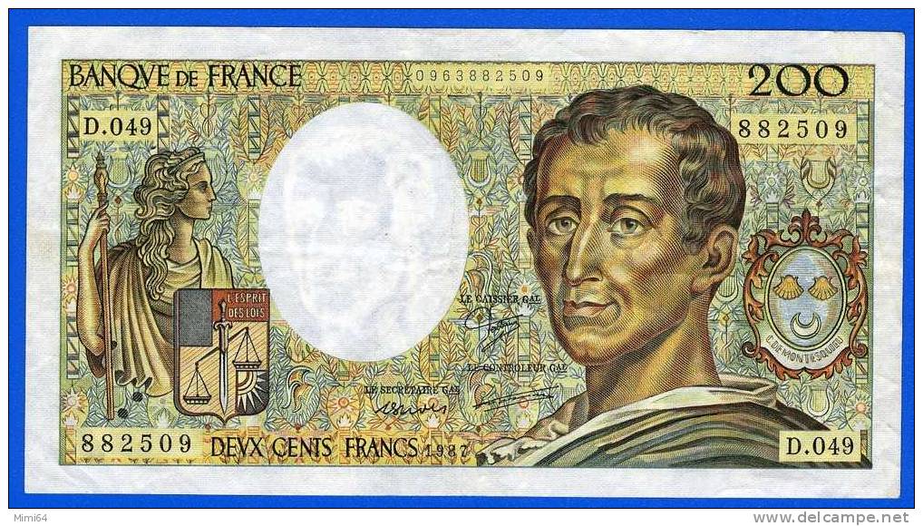 BILLET  DE DEUX CENTS  FRANCS. 200 F. ( MONTESQUIEU ).  1987  / D . 049.   / ETAT .T . T . B . VOIR SCAN - 200 F 1981-1994 ''Montesquieu''