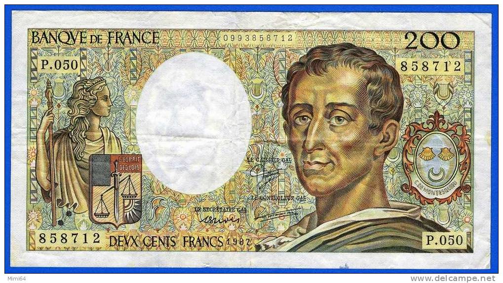 BILLET  DE DEUX CENTS  FRANCS. 200 F. ( MONTESQUIEU ).  1987  / P . 050.   / ETAT .T . T . B . VOIR SCAN - 200 F 1981-1994 ''Montesquieu''