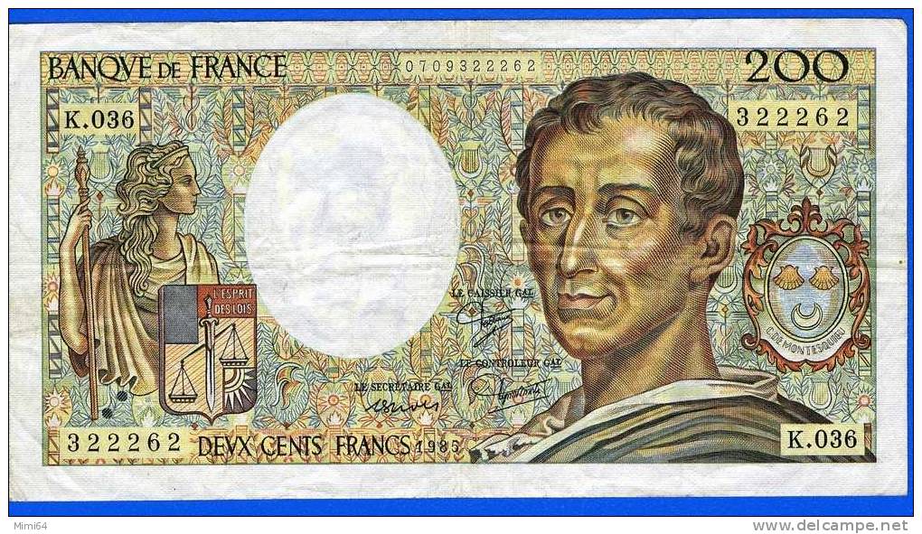 BILLET  DE DEUX CENTS  FRANCS. 200 F. ( MONTESQUIEU ).  1985  /  K . 036 .   / ETAT .T . T . B . VOIR SCAN - 200 F 1981-1994 ''Montesquieu''