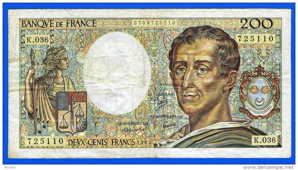 BILLET  DE DEUX CENTS  FRANCS. 200 F. ( MONTESQUIEU ).  1985  /  K . 036.   / ETAT .T . T . B . VOIR SCAN - 200 F 1981-1994 ''Montesquieu''