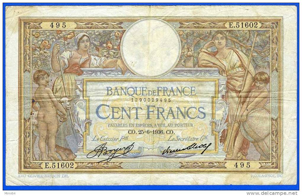 BILLET  DE DEUX CENTS  FRANCS.100 F. ( LUC OLIVIER MERSON  ). CO.25=6= 1936 .CO /     / ETAT .T . T . B . VOIR SCAN - 100 F 1908-1939 ''Luc Olivier Merson''