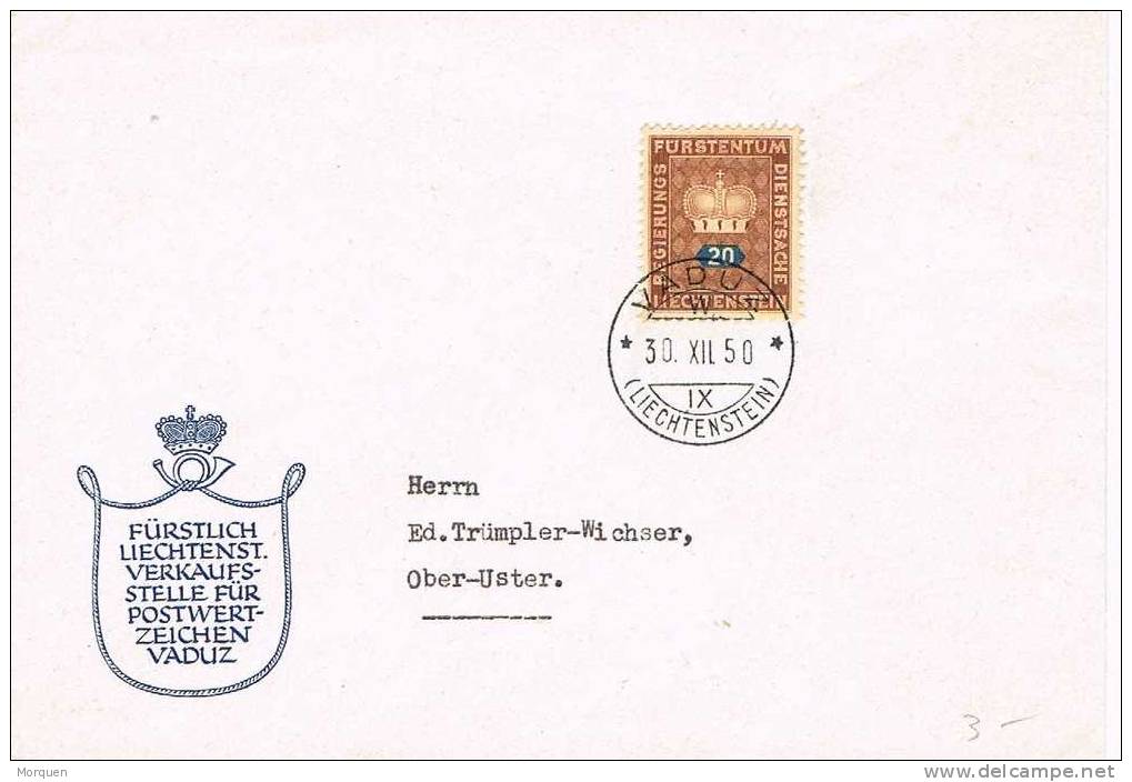 Carta. VADUZ (Lietchtenstein) 1950. Sello Servicio. Service - FDC