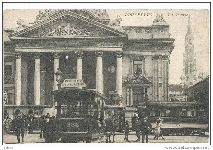 Bruxelles 44 La Bourse Gros Plan Tram A Cheval Et Tram Electrique Pub Vermouth Cinzano - Trasporto Pubblico Stradale