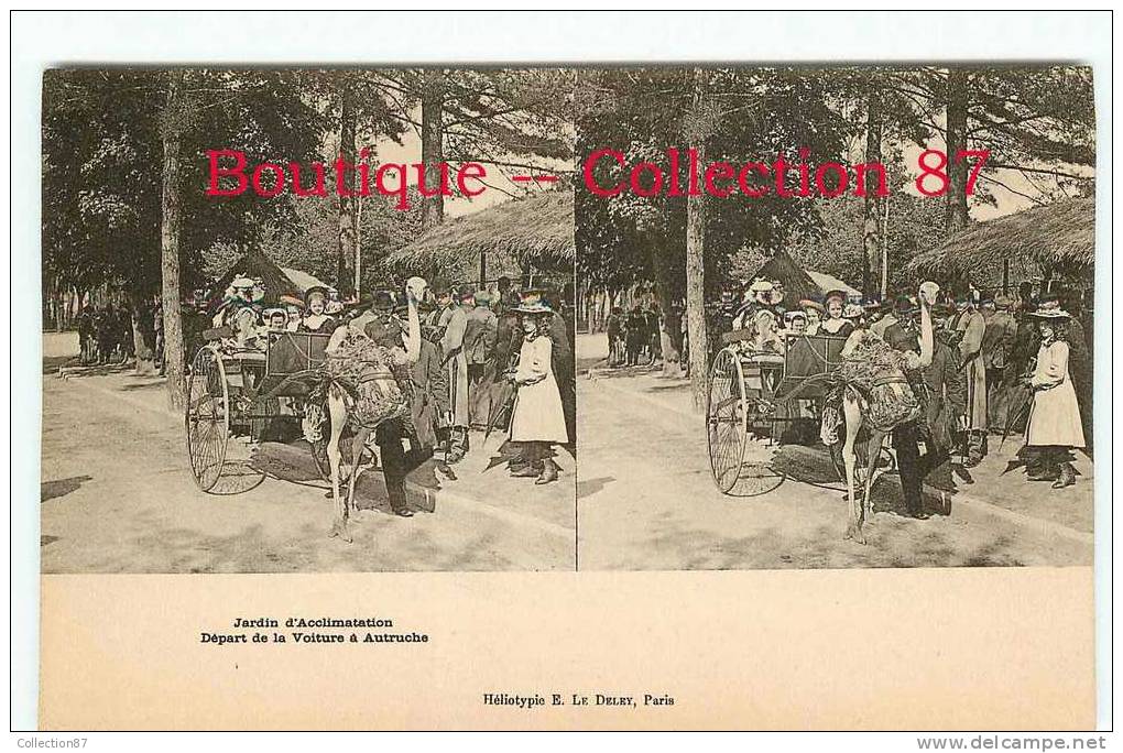 STEREOSCOPIQUE - VOITURE à AUTRUCHE Au JARDIN D´ACCLIMATATION - ZOO - ATTELAGE - BIRD - STEREOVIEW - Taxis & Fiacres