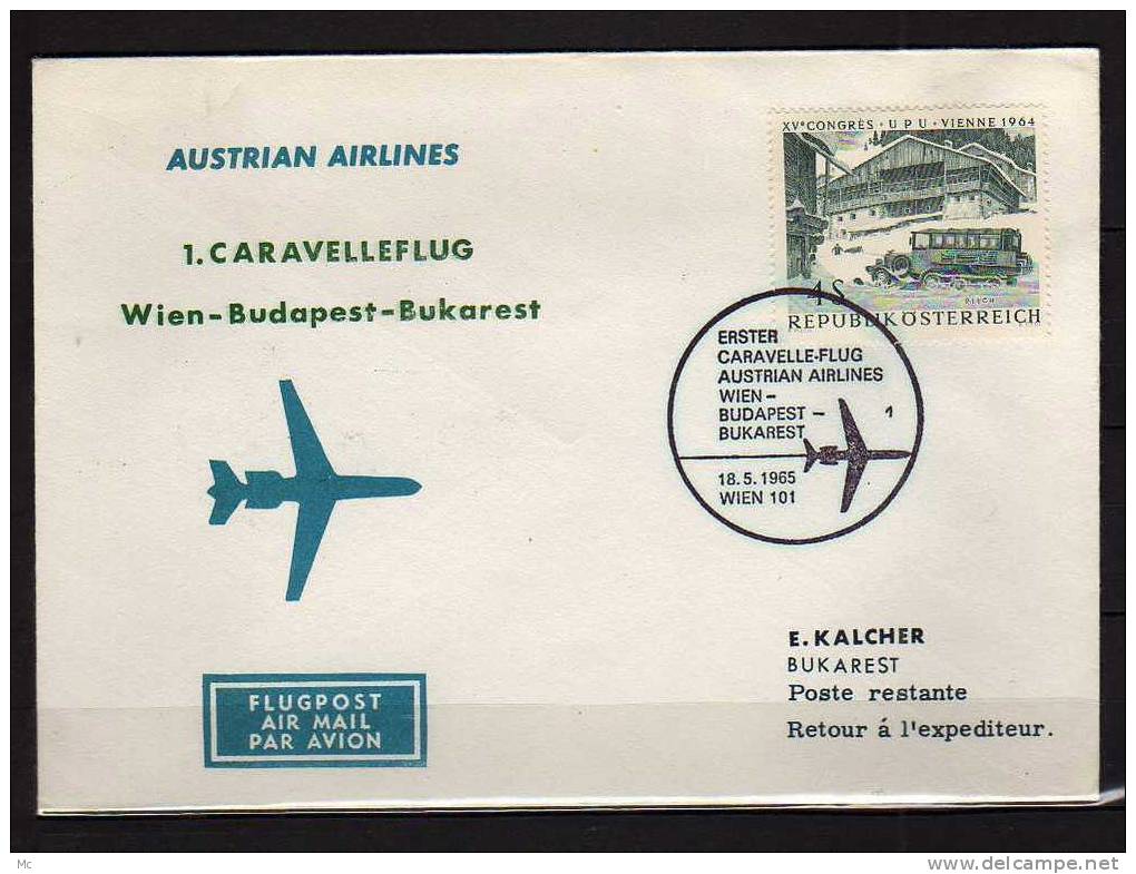 Première Liaison Aerienne . Wien - Bukarest Le 18/05/1965 , Caravelle - Primi Voli