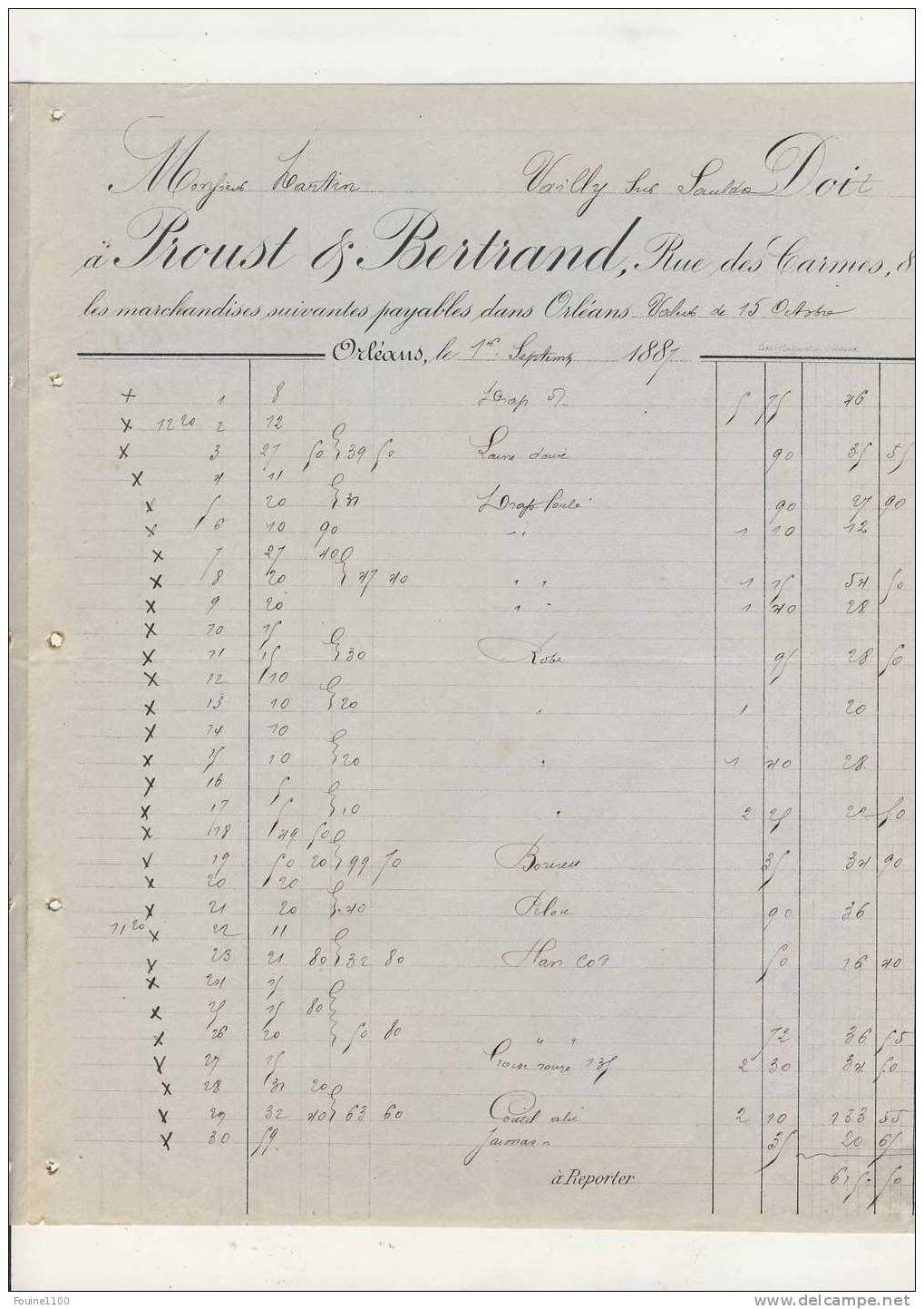 Très Ancienne Facture 1887 En Double Page + Mandat PROUST Bertand à Orléans à Martin ( Tailleur ) à Vailly Sur Sauldre - Autres & Non Classés