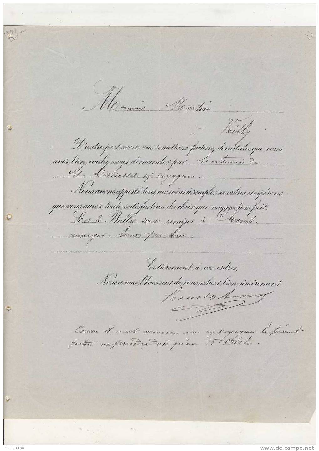 Très Ancienne Facture 1887 En Double Page + Mandat PROUST Bertand à Orléans à Martin ( Tailleur ) à Vailly Sur Sauldre - Autres & Non Classés