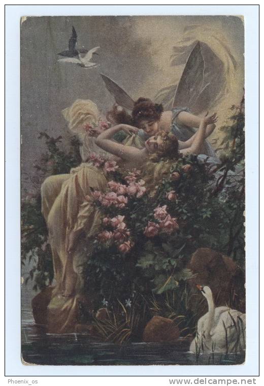 ZATZKA - Girl, Angel, Swan, Old Postcard - Zatzka