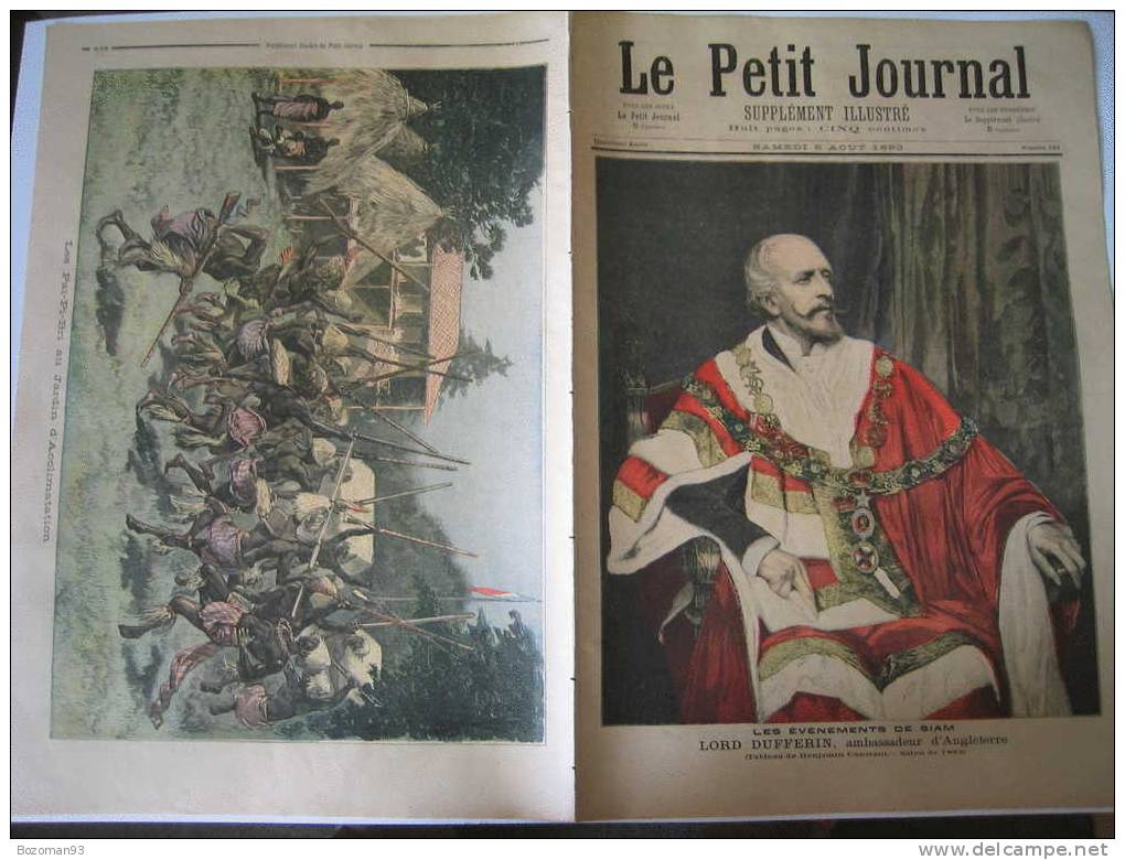LE PETIT JOURNAL N° 0141 05/08/1893  EVENEMENTS DU SIAM LORD RUDUFFERIN + LES PAÏ - PI -BRI AU JARDIN D'ACCLIMATATION - Le Petit Journal