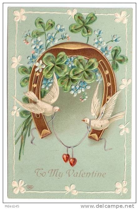 Doves Horseshoe Four Leaf Clovers Embossed Vintage Valentine Postcard EAS - Valentine's Day