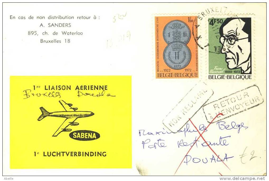 16/919   1° VOL 1972   BRUXELLES DOEALA - Storia Postale