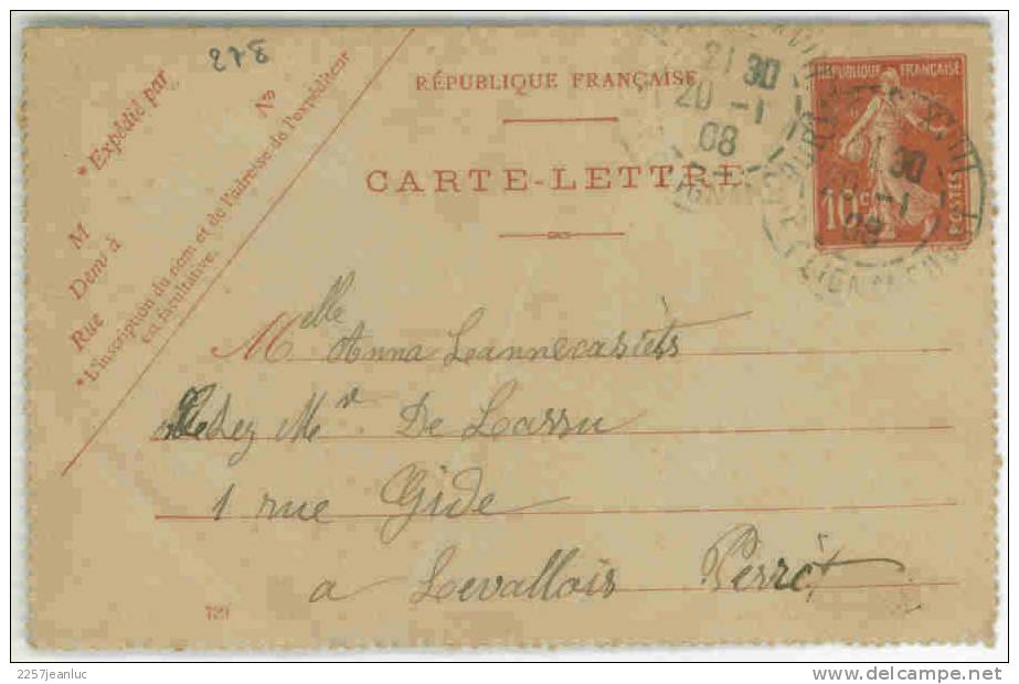 Carte Lettre De Paris  Du 20/01/1908 Pour Ar Levallois Perret - Kartenbriefe