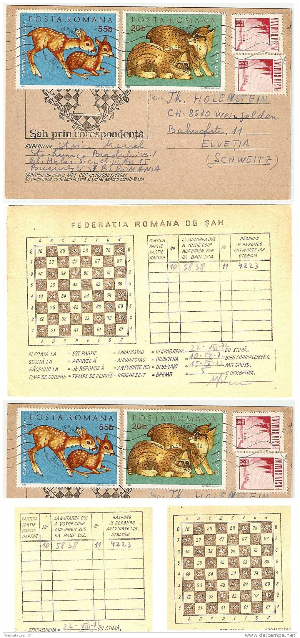AK Sah Prin Corespondentja Schach 16. Sep 72-13 Rumanien Nach Weinfelden In Der Schweiz Mit Rehen Und Luchs Briefmarken - Echecs
