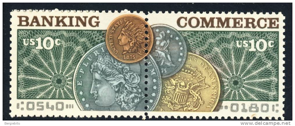 1975  United States 10 Cents Setenant Strip Of 2 " Banking & Commerce Issue " VF MNH - Multiples & Strips