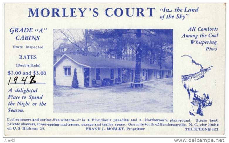 Hendersonville NC, Morleys Court Auto Cabins Motel On C1930s Vintage Postcard - Sonstige & Ohne Zuordnung