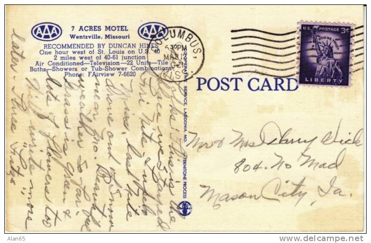 Wentzville MO, 7 Acres Motel, Lodging Auto, C1950s Vintage Linen Postcard, Television Mentioned In Sign - Altri & Non Classificati