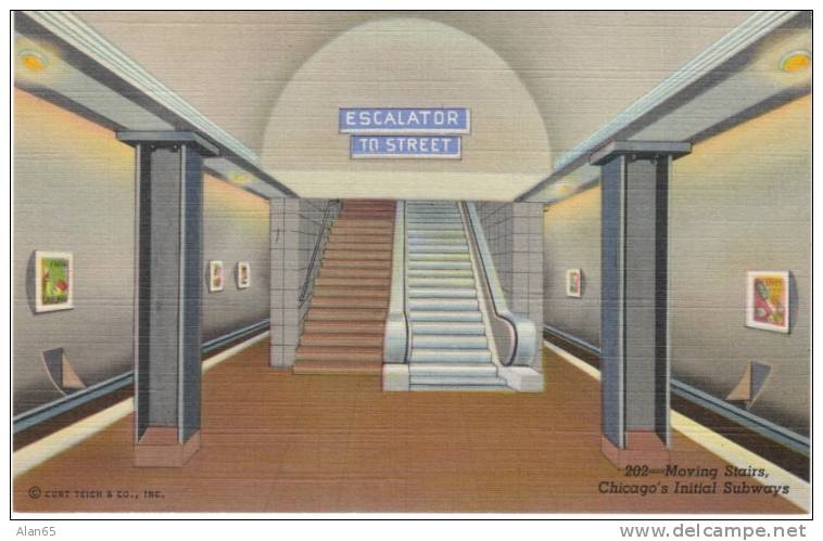 Chicago IL Subway Platform And Escalator To Street On C1940s Vintage Curteich Linen Postcard - Métro