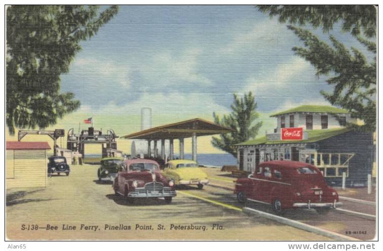 St. Petersburg FL, Bee Line Ferry Boat, Pinellas Point, Autos Coca Cola Sign, On 1940s Vintage Curteich Linen Postcard - St Petersburg