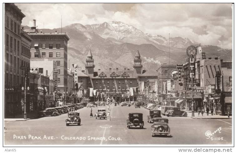 Pikes Peak Ave Downtown Colorado Springs CO 1930s Vintage Real Photo Postcard, Autos, Business District Signs - Colorado Springs