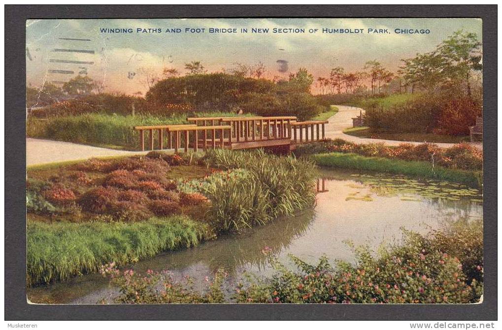 United States IL - Winding Paths And Foot Bridge In New Section Of Humboldt Park, Chicago 1912 To Copenhagen Denmark - Chicago