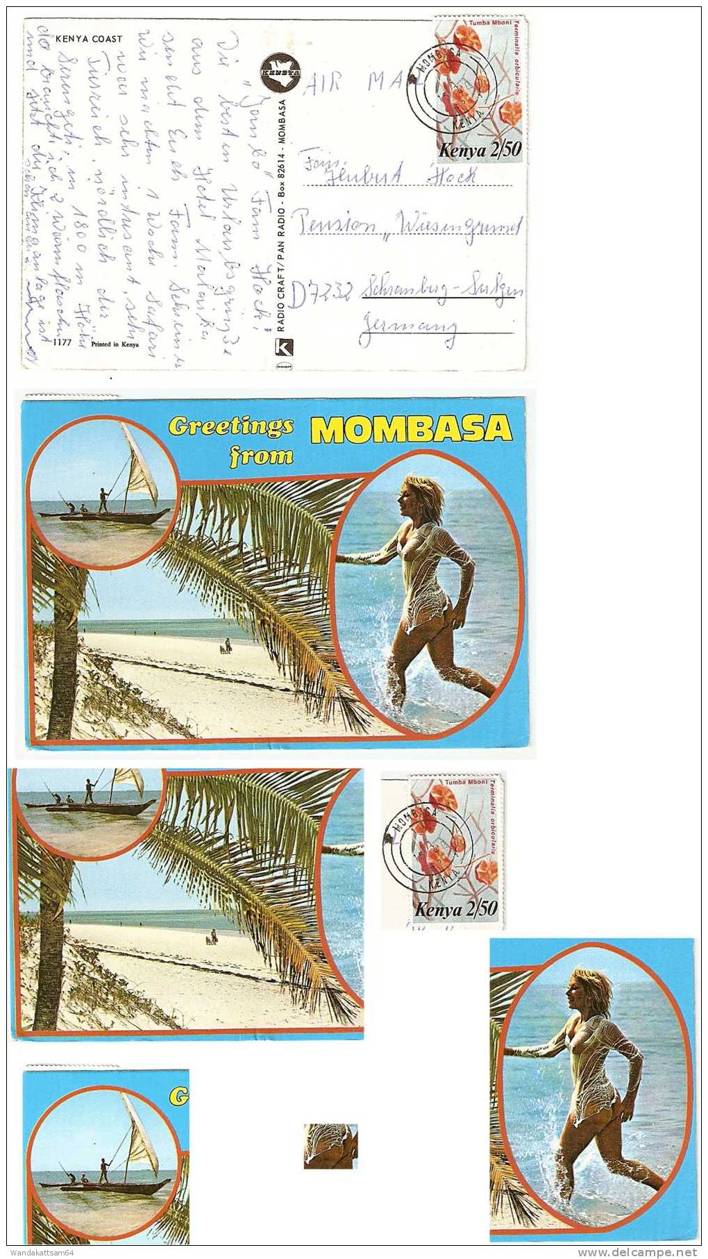 AK 1177 Greetings From MOMBASA Mehrbildkarte 3 Bilder Bot Mit Segel Knackarsch 15. DEZ 82 MOMBASA KENYA Nach Sulgen - Kenia