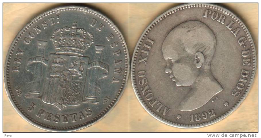 SPAIN 5 PESETAS CROWN EMBLEM  FRONT KING ALFONSO XIII BACK 1892 KM? F SILVER READ DESCRIPTION CAREFULLY!!! - Otros & Sin Clasificación