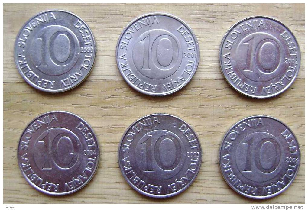 SET OF 6 SLOVENIA 10 TOLAR COINS DIFFERENT YEARS XF USED BLIND BRAILLE HORSE PFERD - Slovénie