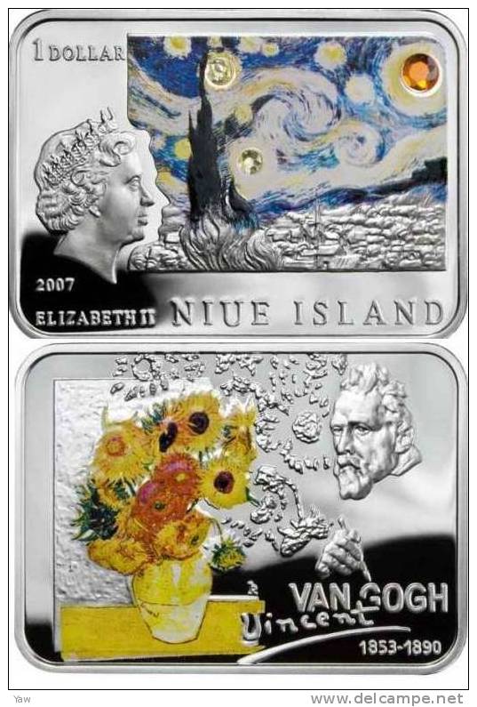 NIUE ISLAND 2007 ONE DOLLAR SILVER ENAMELED, VINCENT VAN GOGH. PROOF CONDITION - Niue