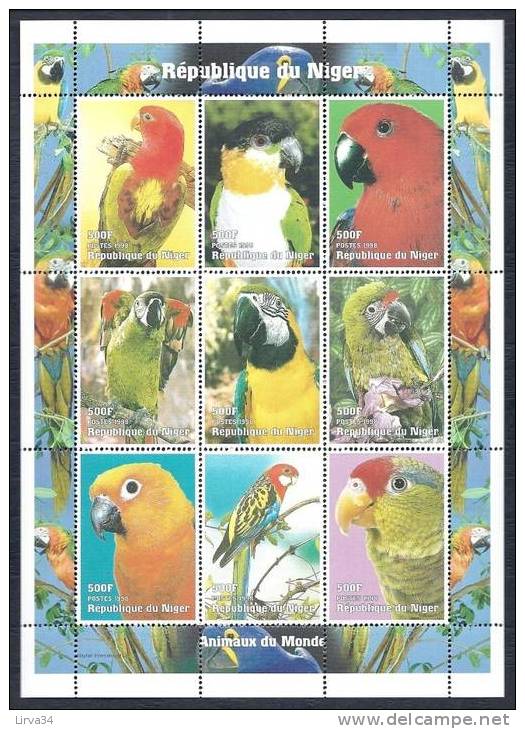 BLOC THEMATIQUE NEUF LUXE DU  NIGER- THEME : OISEAUX EXOTIQUES : LES PÉROQUETS- 9 TIMBRES DENTELÉS- - Papagayos