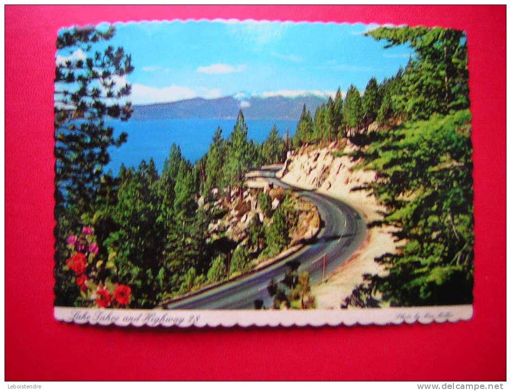 CPSM-ETATS-UNIS-ROADSIDE SCENE SHOWING BEAUTIFUF LAKE TAHOE AND HIGHWAY 28 A BREATH-TAKING DRIVE ARROUND TAHOE - American Roadside