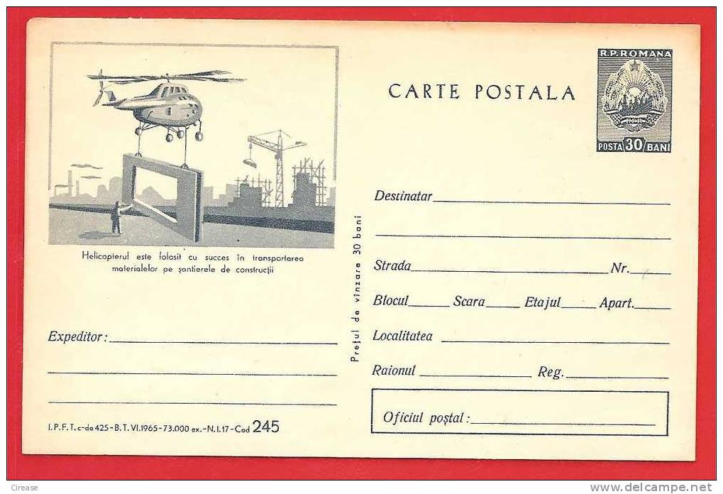 ROMANIA 1965 Postal Stationery Postcard.Helicopter Useful In Construction. Very Rare - Hubschrauber