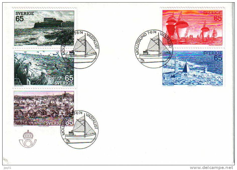 Enveloppe 1er Jour Suède No 833-37 - Mollösund 07/06/74 - Paysages De La Côte Ouest - FDC