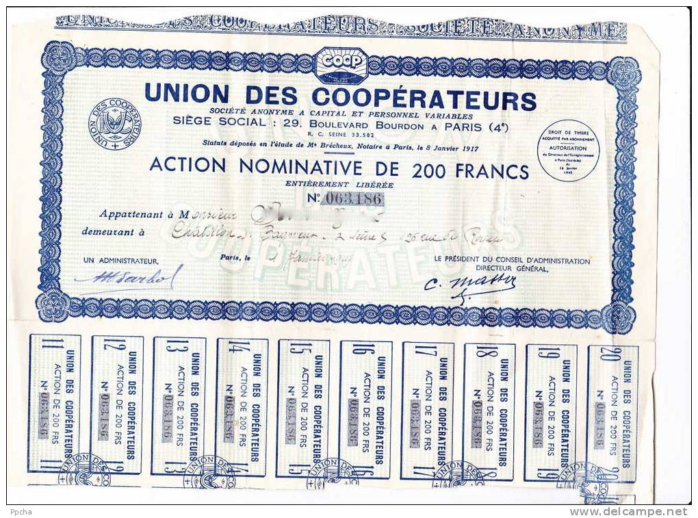 2 Actions COOP La Fameuse Coopérative !! UNION DES COOPERATEURS 1000 F OU 200 F (selon Le Stock) + Une Action 10 F - A - C