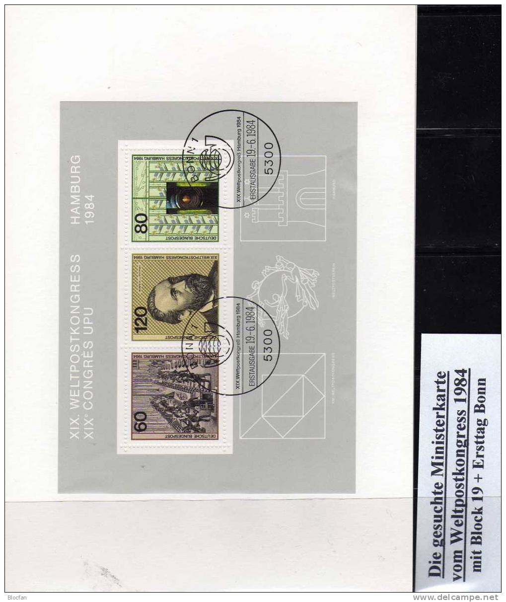Ministerkarte Deutschland 1984 BRD Block 19 SST 34€ UPU Weltpostkongreß Hamburg Bloque Bloc Hb M/s Card Sheet Bf Germany - Other & Unclassified